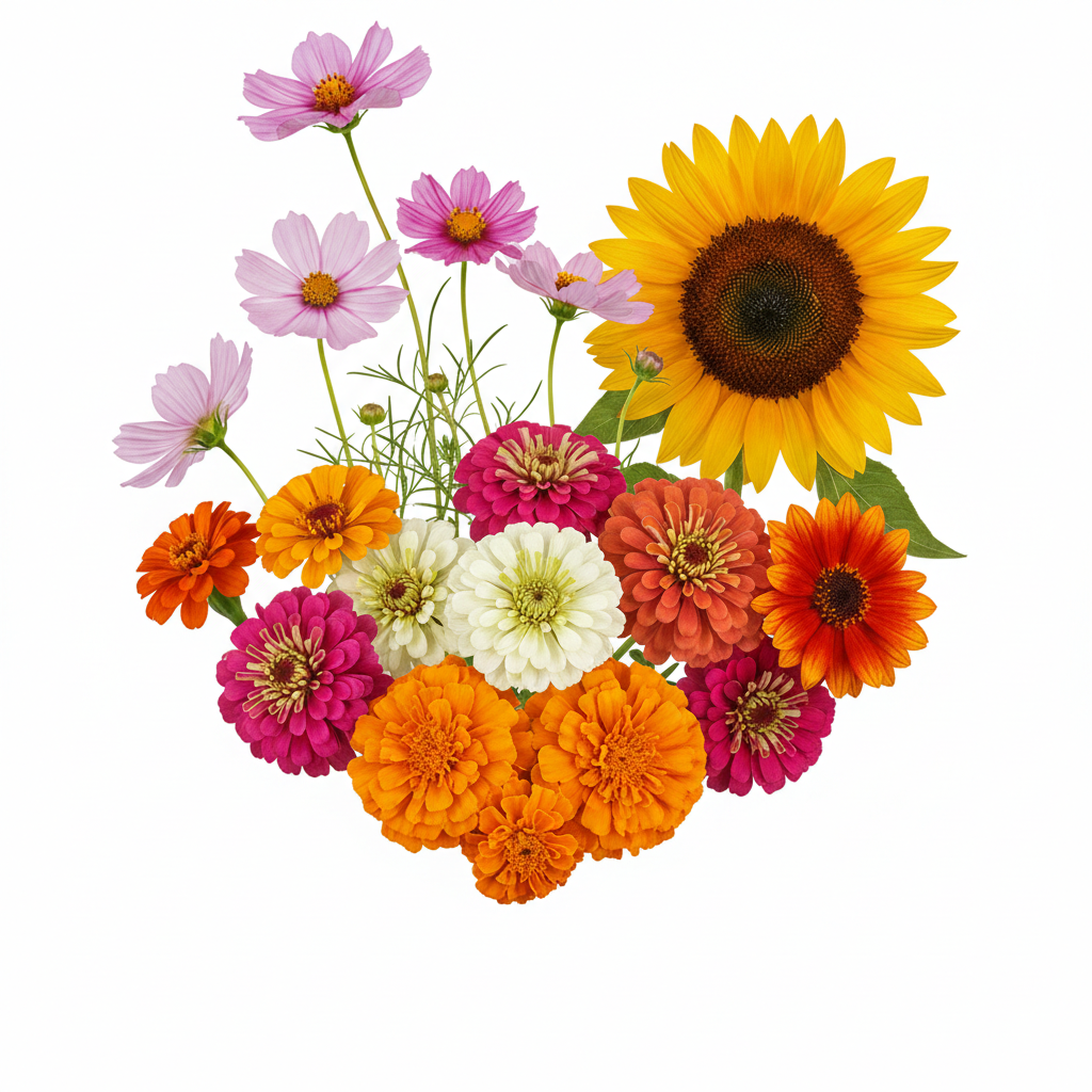 "Vibrant summer flower seeds collection – Includes sunflower, zinnia, cosmos, marigold, vinca, and geranium seeds. Perfect for heat-resistant summer gardening.